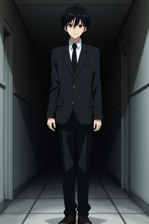 3 different types of sizes of a black haired anime boys, small,medium and tall, tall short black Haired Anime Boy in the background, wearing a black Gakuran uniform, Dark white hallway,no lights on,Tcolonolonolonolonolonolonolonolonolonolonolonolonolonolon...