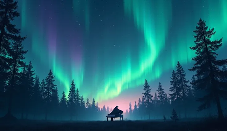 A breathtaking view of the aurora borealis dancing across the night sky in vivid shades of green, purple, and blue. The aurora borealis moves across the sky in dynamic waves, illuminating the dark forest below, where a large black grand piano, illuminated ...