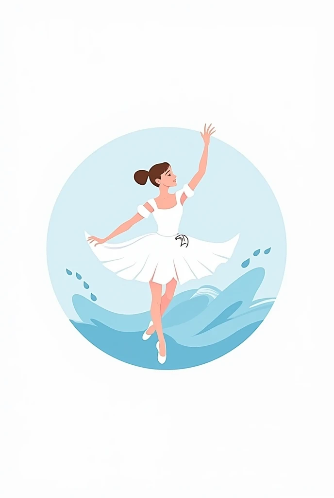 Generate a ballerina with a white outfit logo, whose outfit is like water splash. The outfit must be white, endind with blue gradient water splashes. The ballerina must be in a round frame, because it must be used for a logo for a cleaning service. The bal...