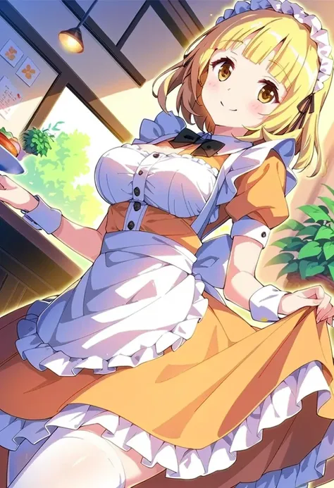 yuki mio, maid dress, orange dress, white apron, skirt lift, smile, heart, cafe