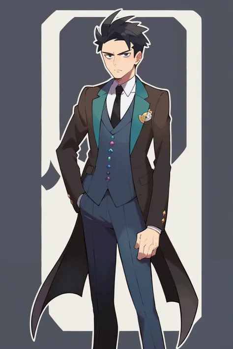 score_9, score_8_up, score_7_up, pokemon pokemon_(anime) pokemon_journeys pokemon_sv pokemon_bw2 1man elegant_suit black_hair dark_circles_under_eyes black_tie serious_expression battle_ready_pose sharp_focus standing detailed_face hyper_detailed, black ha...