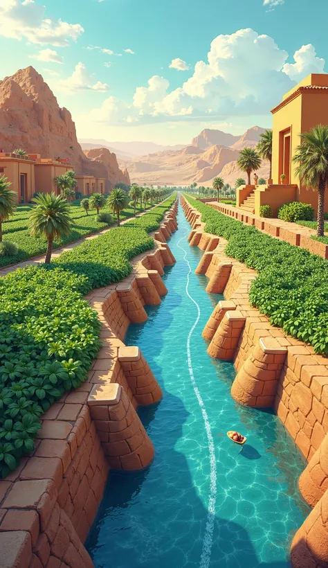 Illustration of ancient irrigation canals in Egypt, next to a drip irrigation system on a modern farm.