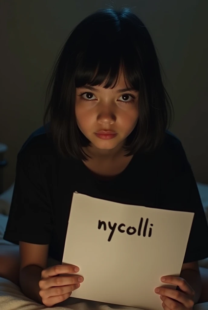 latina girl, taking a selfie holding a a4 paper writted nycolli, black hair, bangs on the forehead, at the room, teenage, homemade, iphone, dark room, taking a selfie, black shirt, 18y girl, sitted on the bed, very young, sitted on the floor
