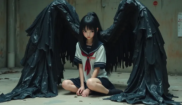  A high school girl in a Japanese sailor uniform sitting like "The Thinker," facing left. She has massive angel wings made of black plastic garbage bags, dragging across the ground to the right. The wings are tattered and wrinkled, creating a somber and me...