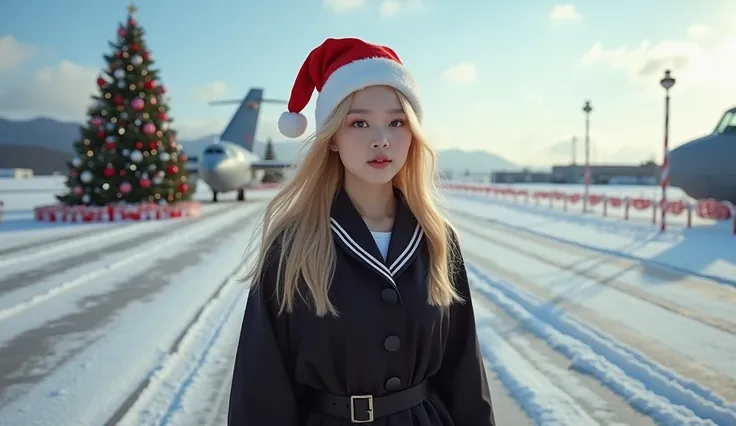 blonde Korean girl in her 20s wearing a black Japanese school uniform and Christmas hat, on the snowy tarmac of a US air force base, Christmas tree, candy cane decorations, wide angle lens photo