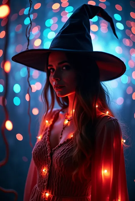 Woman disguised as a witch with a hat and lots of lights 