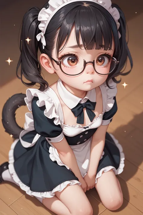 Young anime girl, loli, petite, small breast, maid outfit, glasses, black hair, pigtails, brown eyes, lashes, floppy puppy ears, wagging tail, pleading eyes, sparkles, begging, on knees, from above