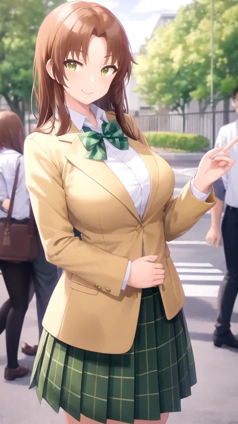 masterpiece, best quality, girl, solo, male focus, looking at viewer, tetsuhiko_kai, brown hair, brown eyes, large breasts, school uniform, green bowtie, blazer, yellow jacket, long sleeves, plaid skirt, green skirt, standing, cowboy shot, outdoors, smile,