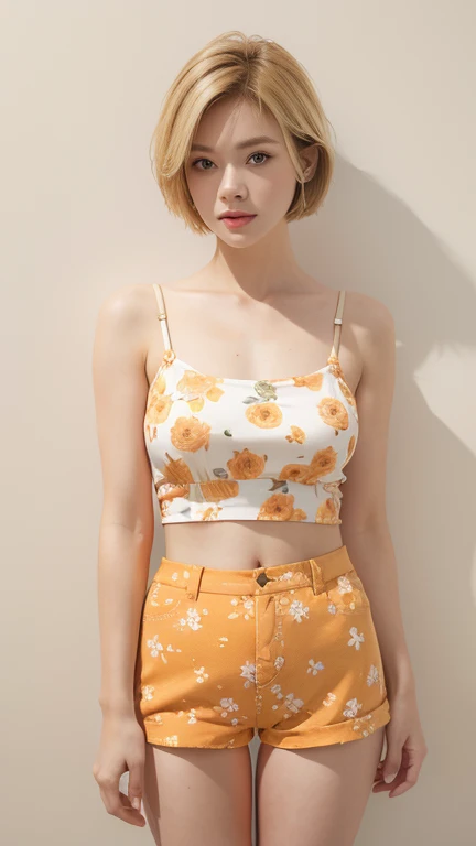 American girl , short blonde hair , orange Single strap thin flower pattern , big breasts , look at the viewer , Short pants