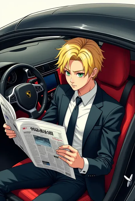 Make an image of a manga style Korean lawyer with blond hair and green eyes sitting in a black and red car reading a newspaper, whatever omega.