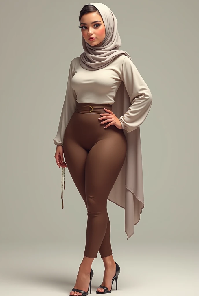 Fair white pale skin red chicks muslim teen kim Kardashian busty booty slim thick curvy flaunts curves in extremely skin tight full sleeves top high waisted pencil skirt. head covered and shoulder draped by long sheer scarf.long earrings. High heels.full v...