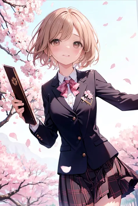 irohaisshiki, iroha isshiki, short hair, brown hair, (brown eyes:1.5), smile,blush,tears run down her face,Crying with joy,holding a bouquet with both hands,Cherry blossoms are scattered,
break skirt, shirt, ribbon, school uniform, Jacket, white shirt, clo...