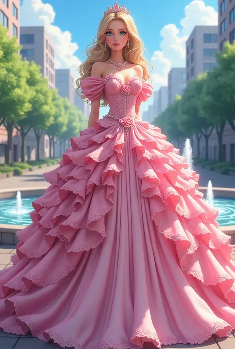 A princess with elegant makeup and hair in a massive, elaborate pink gown, adorned with intricate lace, roses, beads, and ruffles. The gown is so large it dwarfs the surrounding city square and hovers over a fountain. The city backdrop features modern buil...