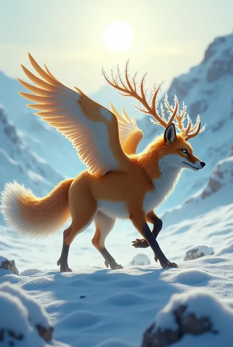 A majestic hybrid creature roaming a frozen tundra, combining the features of a playful fox, mighty eagle, and graceful deer. It has vibrant golden fur, feathered wings, and antlers adorned with ice crystals. Snow-capped mountains and a pale winter sun enh...