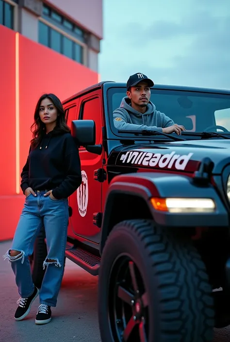 Mobil Jeep keren  ( 2024 )pria Indonesia umur 25tahun pakai topi basket dan. mengunakan jaket Hoodie wanita cantik pakai baju santai celana jeans hitam sepatu putih ( aura kasih)warna hitam logo monster energy celana jeans hitam sepatu putih UHD HD 