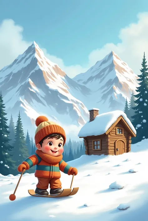 Une image mignonne d’un peti garcon style realiste avec de grands yeux qui joue près d’un petit chalet en bois perché dans une montagne enneigée. Il tient un traîneau en bois, et autour de lui, la neige est immaculée. En arrière-plan, des montagnes majestu...