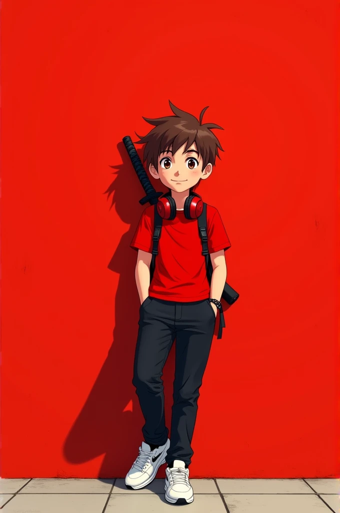 Make an image of a boy leaning against a right wall with a red background and looking forward smiling,  the boy has slightly pointed brown hair ,  wears a red shirt  , wear black pants,  wears totally white sneakers , There is only one katana on the back a...