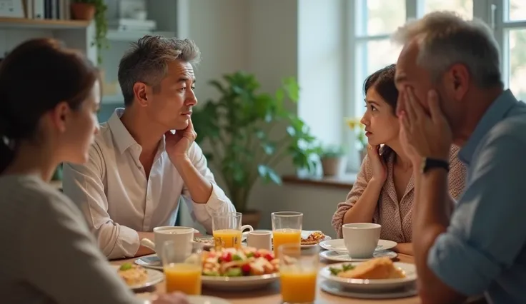 A father, mother, and daughter in her 20s are gathered at the breakfast table. The mother and daughter are frowning because the father smells, and the father is embarrassed. High definition, high quality, reality, real photo