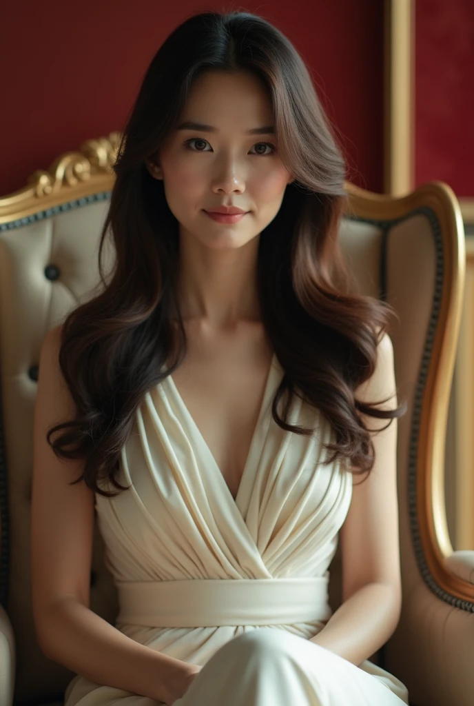 Brown-haired Asian woman ,  slim woman sitting on a large luxury armchair wearing an elegant dress ,  Looking forward ,  upper-class woman while another black-haired woman with bangs kneels in front of her respectfully,  wearing a white pantsuit , luxuriou...