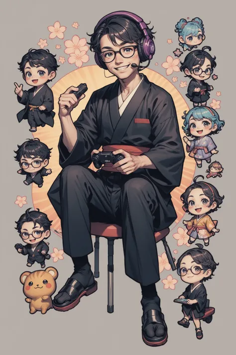 Japanese boy wearing black suit and Japanese girl wearing black Japanese-kimono, black wavy hair, semi-short hair, wearing glasses, Front facing, gaming headset, full body image, icon, smiling, chibi, kawaii