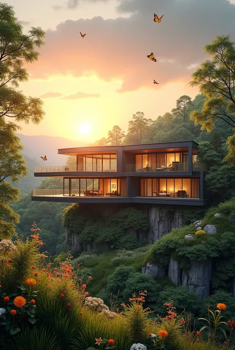 At sunset, there is a modern house in the center of the city, surrounded by forests, plants and grass, flowers, butterflies, and cutting-edge technology, all perfectly coexist.