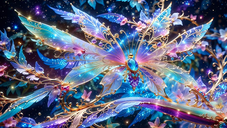 Generate A Butterfly, Celestial Creature In The Style Of Fantasy And Dreamlike Art. Design A Beautiful Butterfly With Silk-Like Wings, Subtle Feather Patterns, And Iridescent Light That Shimmers Across Its Form. Add Ornate Jewel Designs And Delicate Fantas...