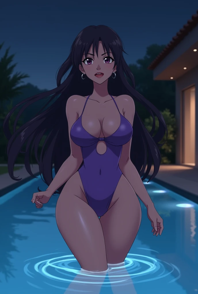 Animated girl with big breasts and wide curves in a purple swimsuit with straps with a hole in her, leaving the pool at night 