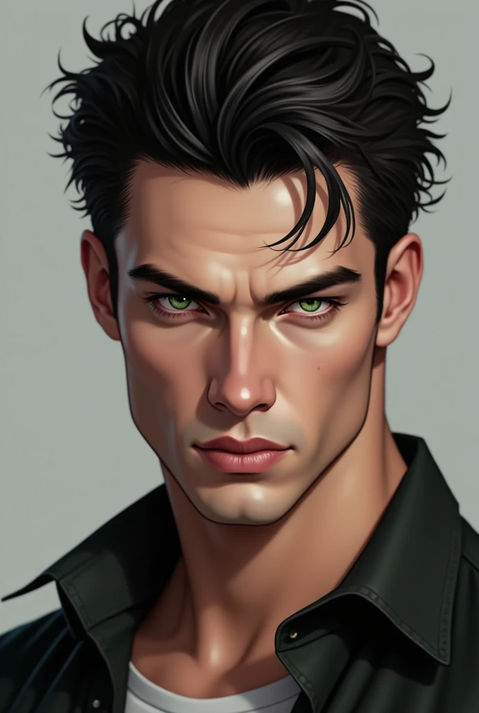 Man with short black hair, green eyes and marked jaw, very handsome 