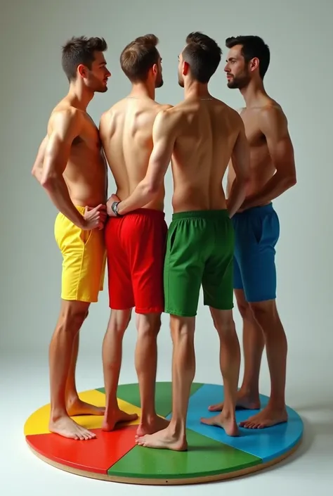 I need 4 men in sensual poses , separated from each other ,  with sexy clothes each representing a color  (yellow, red, green blue )  they can stand on a circular base pretending to be tiles from a board game.