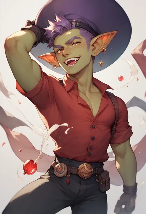 a goblin with a purple hat, the right arm is mechanical, wearing black pants and a red blouse with an alchemical symbol, he belongs to the alchemist class, high definition 8k