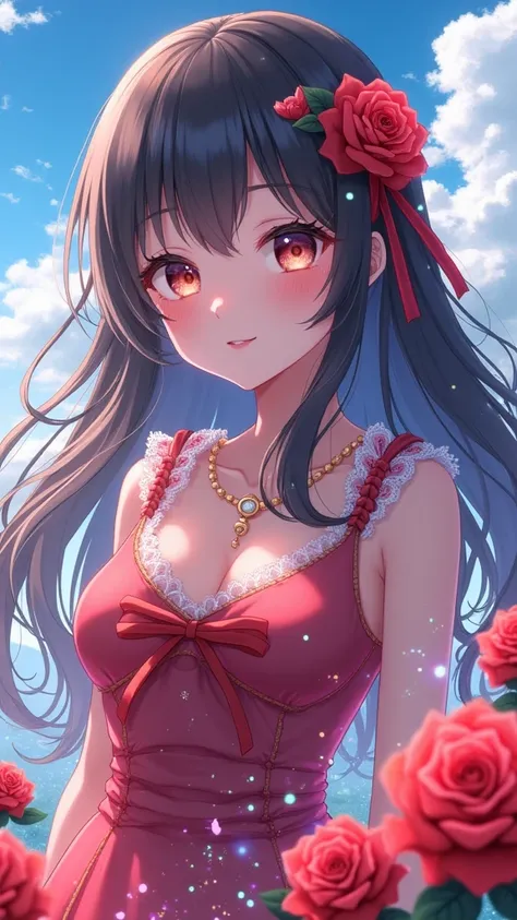 (masterpiece、Highest quality、8k、High resolution)、(One female、Beautiful Face、Beautiful eyes、Beautiful lips、Beautiful nose)、smile、The white upper teeth are faintly visible、Brown-black hair、(The best girl in anime)、garden、blue sky、Colorful flowers are bloomin...