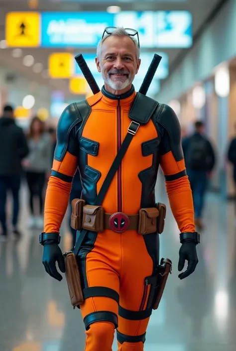 a 40-year-old boy wearing an orange deadpool costume,no mask ,facial expression is smiling, is walking , airport room background , Bright light ,orang orang  is walking ,realistic image,HD quality,full body