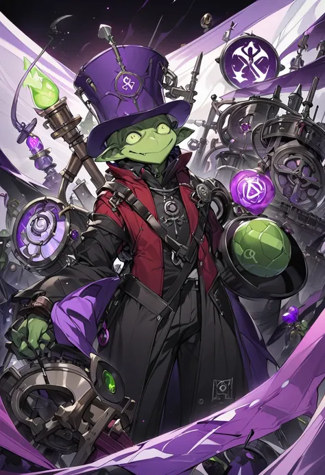 a goblin with a purple hat, the right arm is mechanical, wearing black pants and a red blouse with an alchemical symbol, he belongs to the alchemist class, high definition 8k