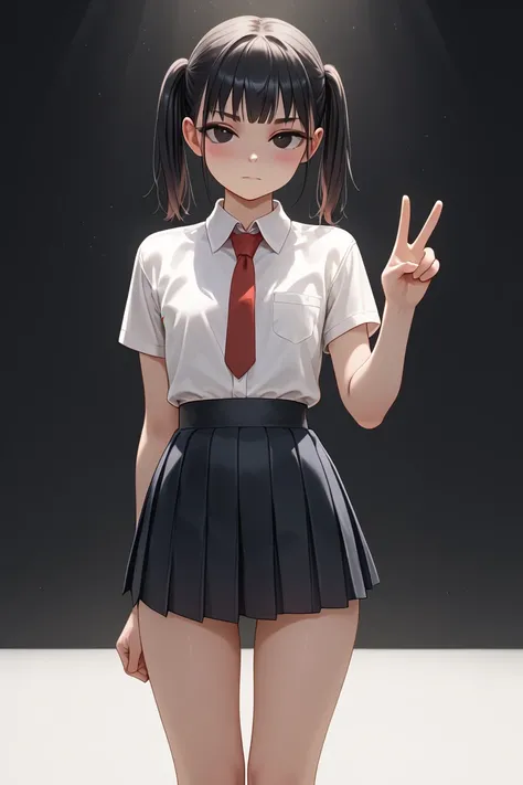 cute girl, (short), (solo), black pleated skirt, white collared shirt, red tie, taut clothes, tight clothes, wide hips, contrapposto, narrow waist, thin legs, thigh gap, flat chest, lean belly, narrow waist, skinny body, twintails black hair, short hair, (...