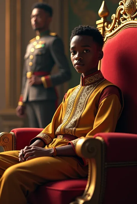 A 15-year-old African boy is sitting on a kings chair on the side, there is a guard