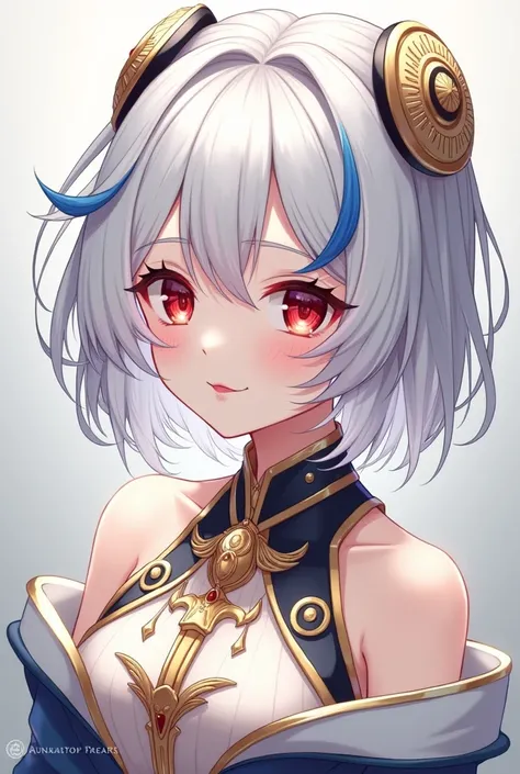 draw me a picture of an anime character with a very beautiful face, white hair with blue strands on the left bangs, red eyes, white hair, and wearing noble clothes, and smiling