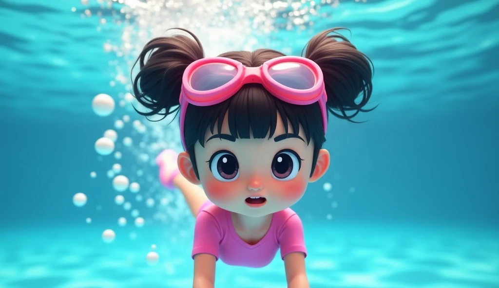 "Uwu is underwater in a vibrant swimming pool, wearing pink swimming goggles that fit snugly over her flushed cheeks. Her hair, styled in two buns with bangs, floats slightly in the water as she holds her breath with a determined yet playful expression. Sh...