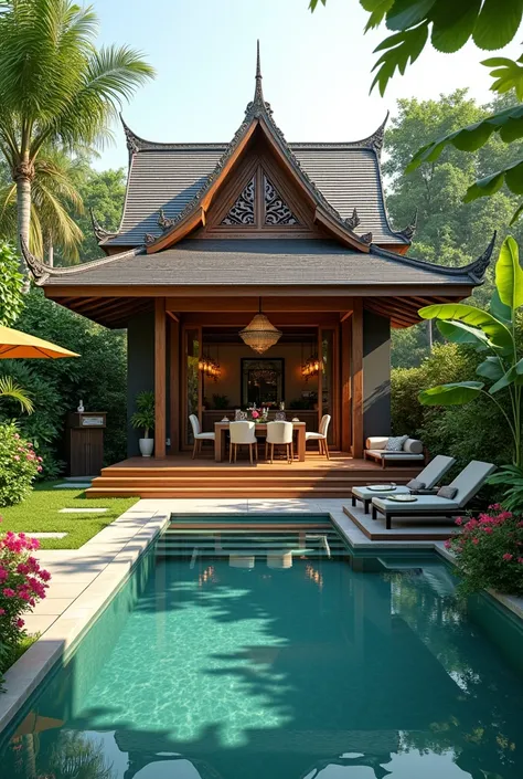 
Thai house on raised floor, Thai food, open plan with swimming pool and relaxing garden.