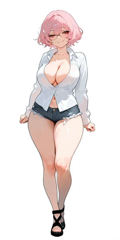 score_9, score_8_up, score_7_up, masterpiece, ultra-detailed, pretty eyes, 1Girl, solo, Break, voluptuous, kurky, PINK hair, round eyewear, short hair, Black Dress shirt, cleavage, micro shorts, Denim shorts,  Red eyes, arms at sides, Break, Smug, fellatio...