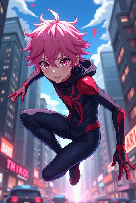 Anime boy with pink hair and pink eyes with jujutsu kaisen style hazle un trade de spiderman