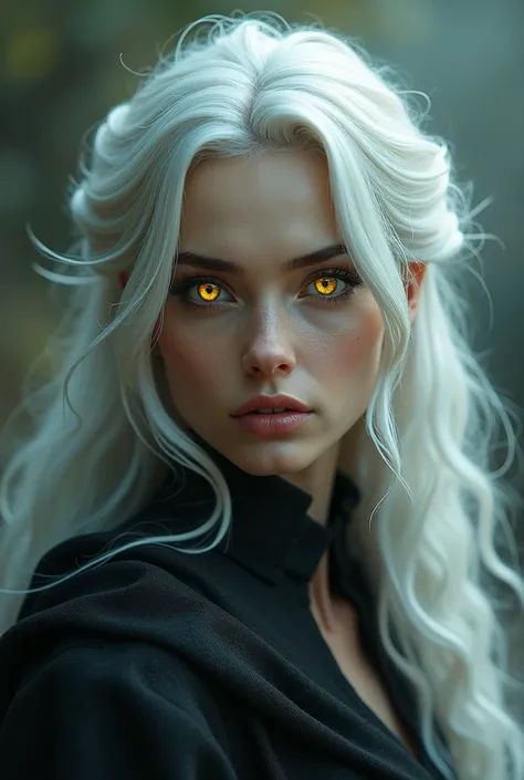 Girl have yellow eyes and white hair she look adult 