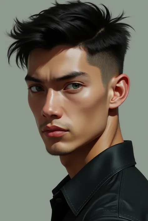 Create a 21-year-old man with short black hair, green eyes and a marked jaw 