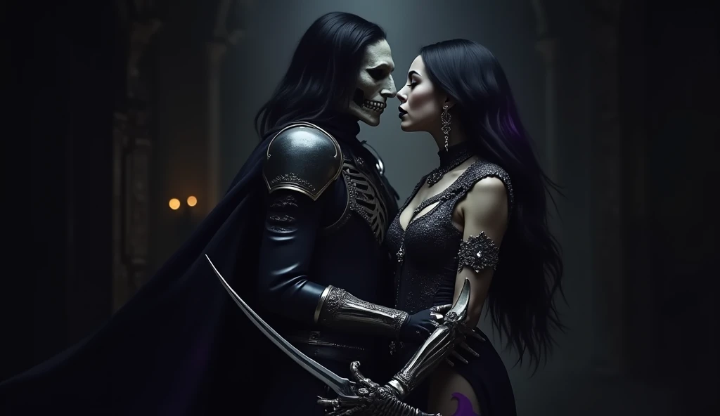 Ultra-high definition, cinematic masterpiece with perfect clarity and flawless detail. Callizto is a inquisitor. Her long black hair, streaked with deep purple highlights, flows in the subtle breeze, shimmering under the moody, ambient lighting. Her face i...