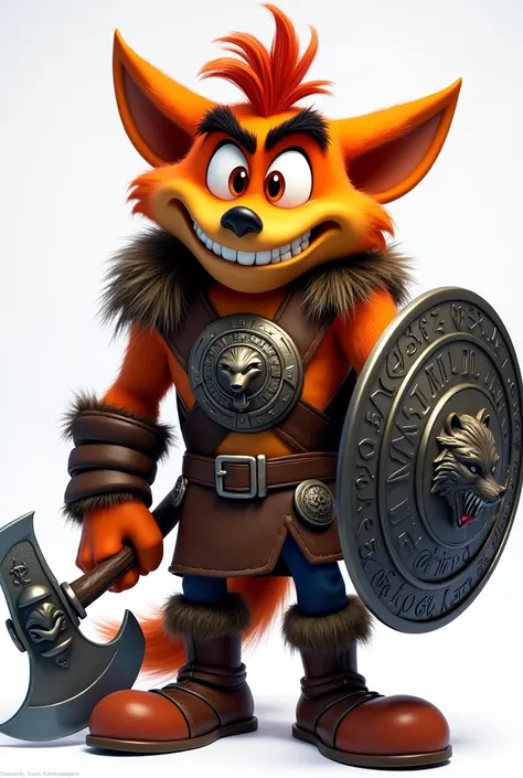 Crash Bandicoot, reimagined as a Dungeons & Dragons Viking warrior, stands with a powerful and fearsome presence. His muscular, broad body is covered in rugged, orange fur, and his spiky hair is even more unruly, forming a wild mane atop his head. His larg...