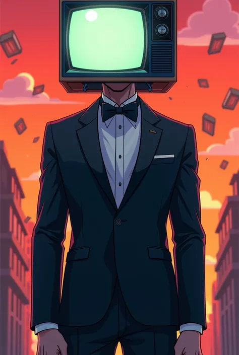 A man with a television on his head and a tuxedo in an anime cartoon