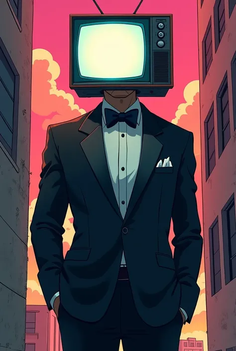 A man with a television on his head and a tuxedo in an anime cartoon