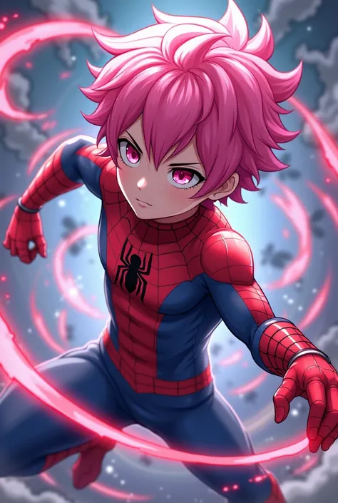 Anime boy with pink hair and pink eyes with jujutsu kaisen style hazle un trade de spiderman pero ponle un poco mas de masa muscular 