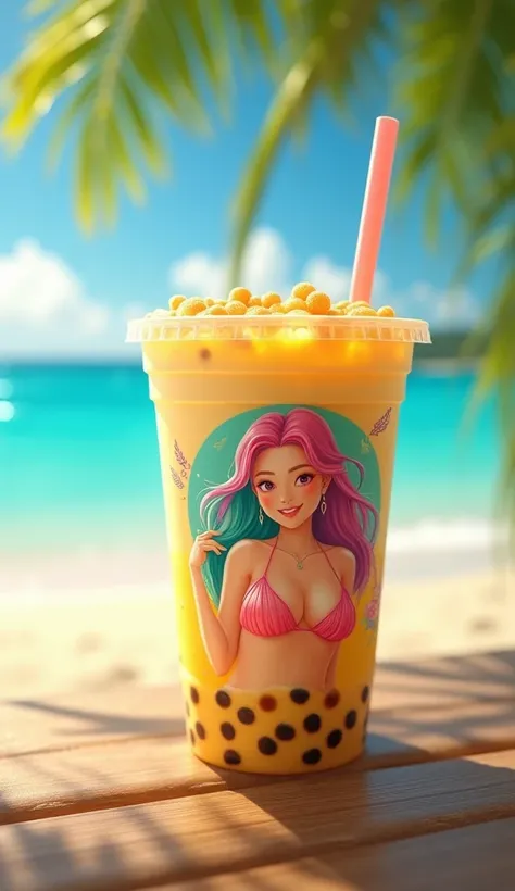 A clear venti plastic cup of bubble tea (with wide straw) rests on a sun-bleached wooden table near a vibrant beachside setting. The cup features hyper-realistic artwork of a cheerful young korean woman with pink and teal hair in bikini gown lounging under...