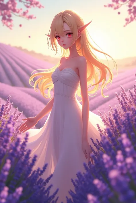 Kave (Genshin Impact), 1 female, Blonde,  red eyes, Lavender field flowers