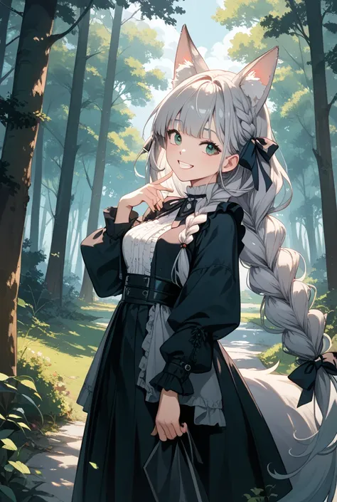 NSFW 1girl, Solo, Very Long Hair, Braid, Grey Hair, Single Braid, Fox Ears, Smile, Happy, Hair Ribbon, Anime, Anime Style, Gothic Art. She is looking into the camera walking down a trail in a dark misty forest of huge spruce trees 